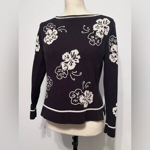 Vintage 90s Talbots Petites Floral Sweater Navy & White